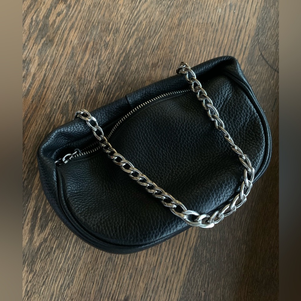 BY FAR Black Leather Crossbody with Silver Chain